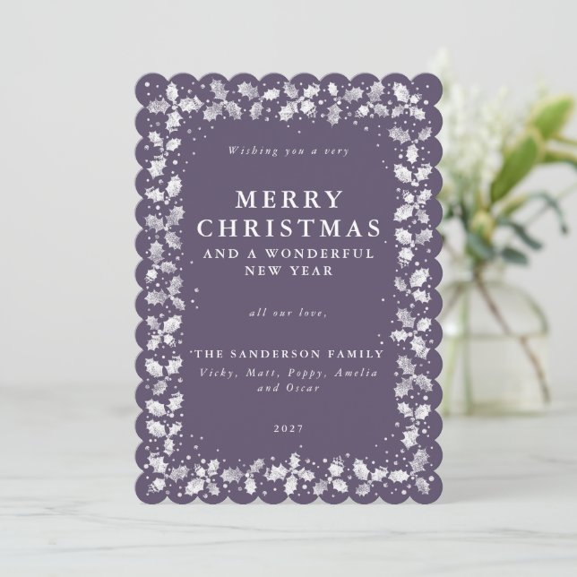 Purple Holly + Berry Border Flat Non Photo Holiday Card (Standing Front)
