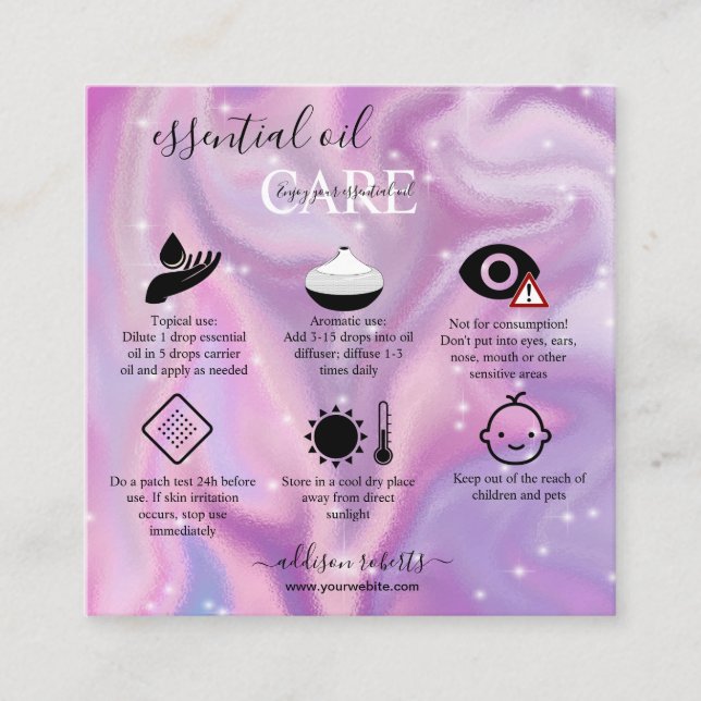 Purple Holographic Essential Oil Care Square Business Card (Front)