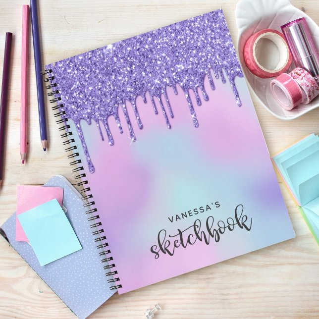 Purple Holographic Glitter Drips Artist Sketchbook Notebook (A cute purple dripping glitter holographic sketchbook. Personalize it with your name.)
