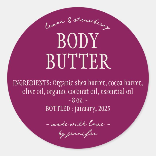 Purple Homemade Body Butter Ingredients Classic Round Sticker (Front)