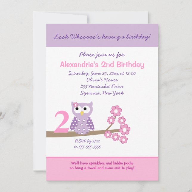 Purple Hoot Owl Girl Birthday Invitation (Any Age) (Front)