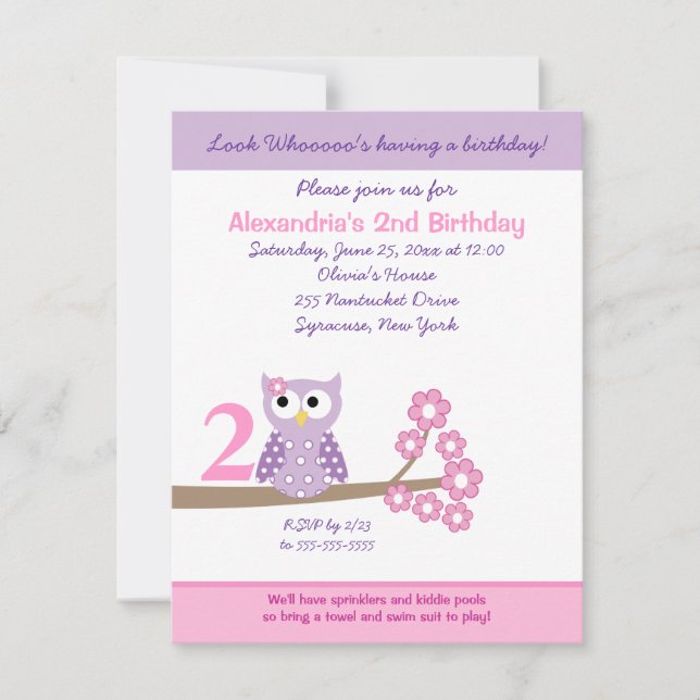 Purple Hoot Owl Girl Birthday Invite 4.25 x 5.5 (Front)