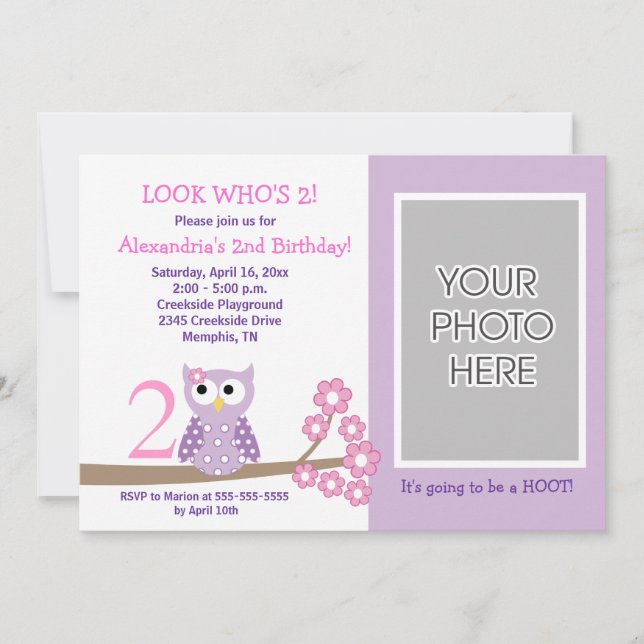 Purple Hoot Owl *PHOTO* Birthday 5x7 Invitation (Front)