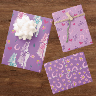 Purple Horse Bows Horseshoes Floral Pattern Wrapping Paper Sheet