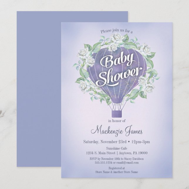 Purple Hot Air Balloon Baby Shower Invitation (Front/Back)