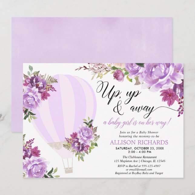 Purple hot air balloon floral girl baby shower invitation (Front/Back)