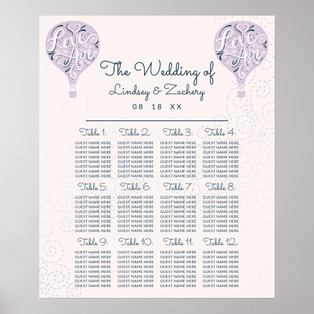 Purple Hot Air Balloon Wedding Table Seating Chart (Front)