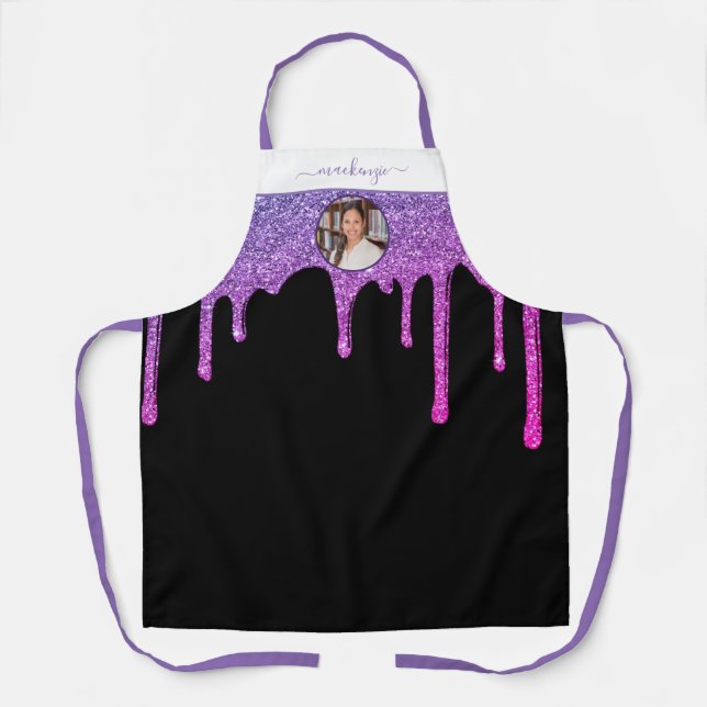 Purple Hot Pink Glitter Drips Personalised Photo A Apron (Front)