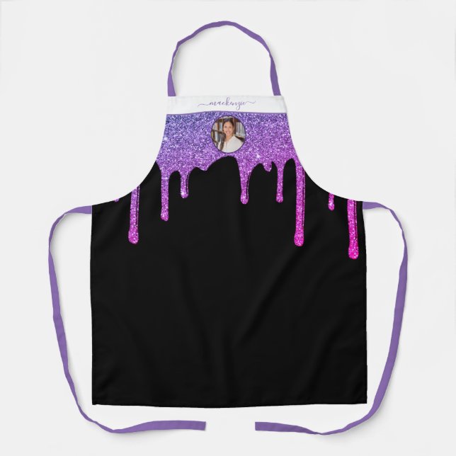 Purple Hot Pink Glitter Drips Personalised Photo Apron (Front)