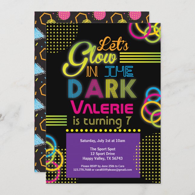 Purple & hot pink glow in the dark party invitation (Front/Back)