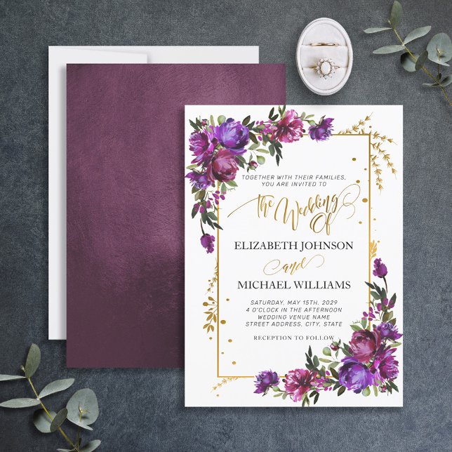 Purple Hot Pink Gold Watercolor Floral Script  Invitation (Creator Uploaded)