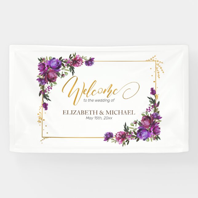 Purple Hot Pink Gold Watercolor Floral Wedding Banner (Horizontal)