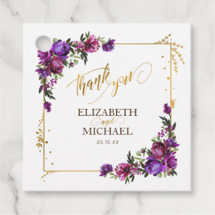 Purple Hot Pink Gold Watercolor Floral Wedding Favour Tags