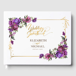Purple Hot Pink Gold Watercolor Floral Wedding Guest Book