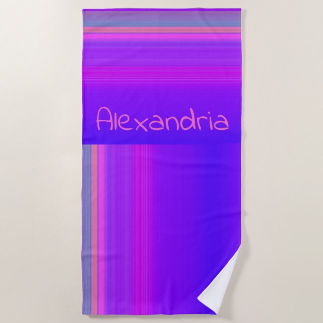 Purple Hot Pink Ombre Stripe Personalised   Beach Towel (Front)