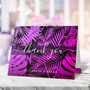 Purple hot pink tropical palm leaf script monogram thank you card
