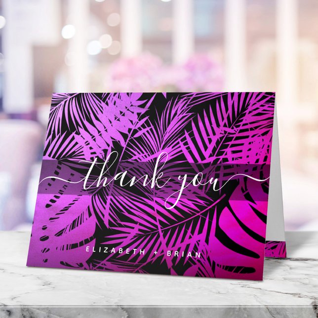 Purple hot pink tropical palm leaf script monogram thank you card (Creator Uploaded)