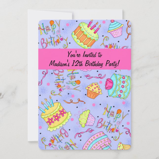 Purple Hot Pink Tween's 12th Birthday Invitation (Front)