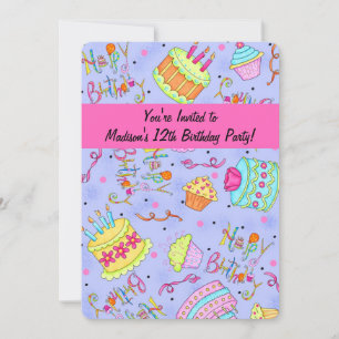 Purple Hot Pink Tween's 12th Birthday Invitation