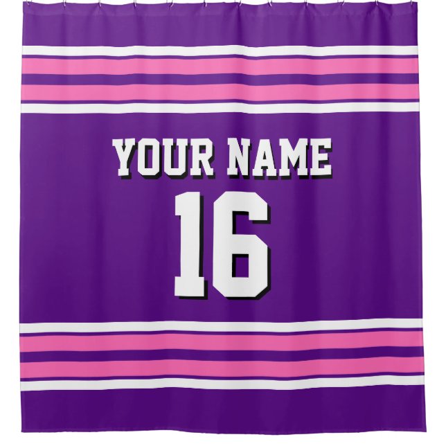 Purple Hot Pink White Stripes Sports Jersey Shower Curtain (Front)