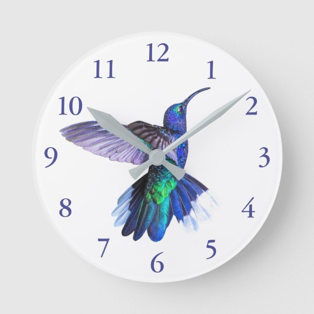 Purple Hummingbird in a Beautiful Pose Round Clock (Front)