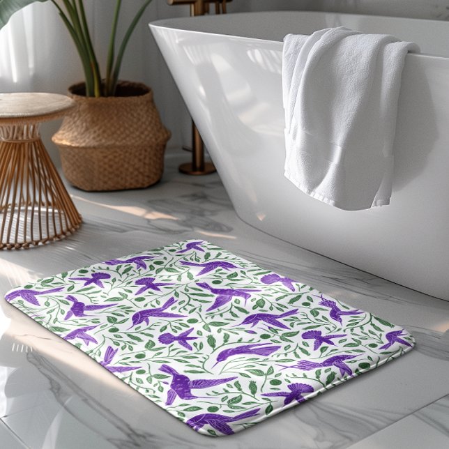 Purple hummingbirds with green flowers & leaves bath mat (Creator Uploaded)