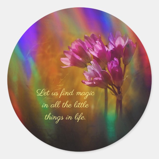 Purple Hyacinth Flowers Rainbow Colours With Quote Classic Round Sticker (Front)
