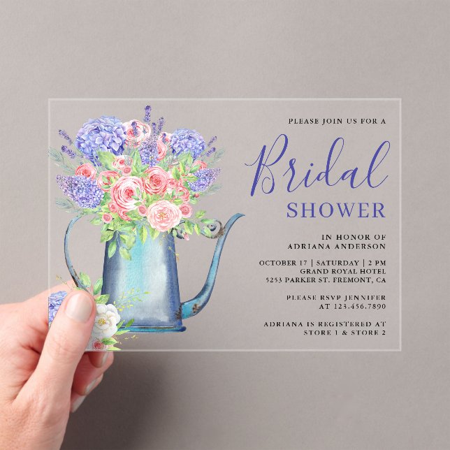 Purple Hydrangea Blush Pink Roses Bridal Shower Acrylic Invitations (Insitu (Handheld))