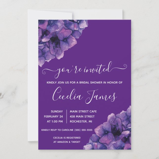 Purple Hydrangea Bridal Shower Invitation (Front)