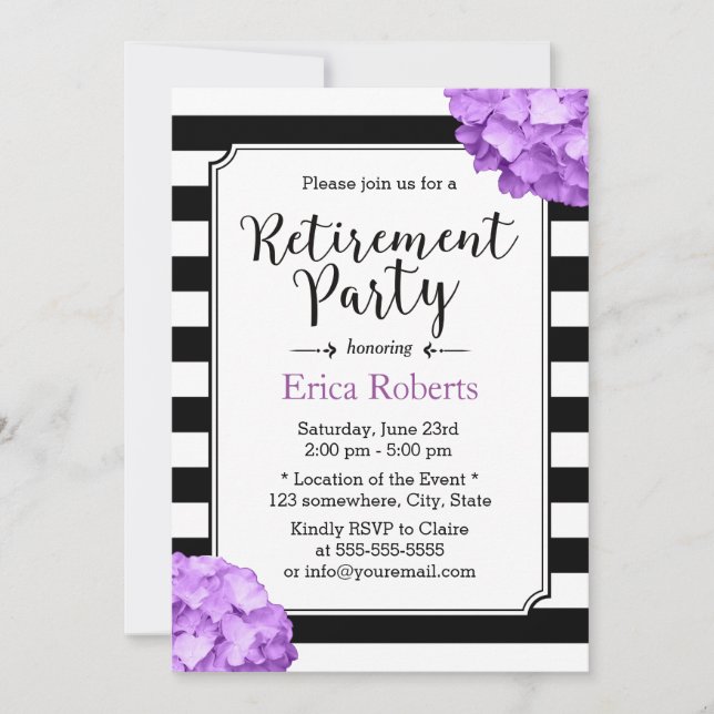 Purple Hydrangea Floral Modern Stripes Retirement Invitation (Front)