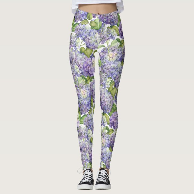 Purple Hydrangea Floral Pattern Leggings (Front)