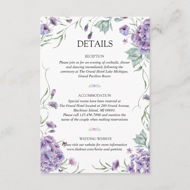 Purple Hydrangea Floral Watercolor Wedding Details Enclosure Card (Front)