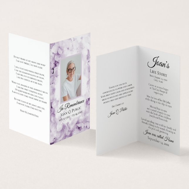 Purple Hydrangea Flower Watercolor Funeral Prayer  Business Card (Inside and Outside)