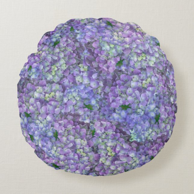 Purple hydrangea flowers round cushion (Front)