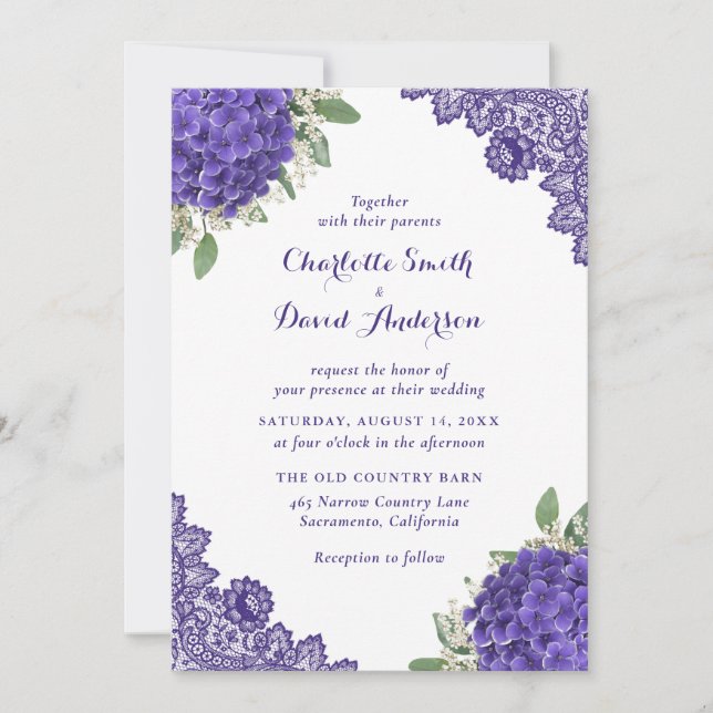 Purple Hydrangea Lace Wedding Invitations (Front)