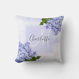 Purple hydrangea monogram throw pillow