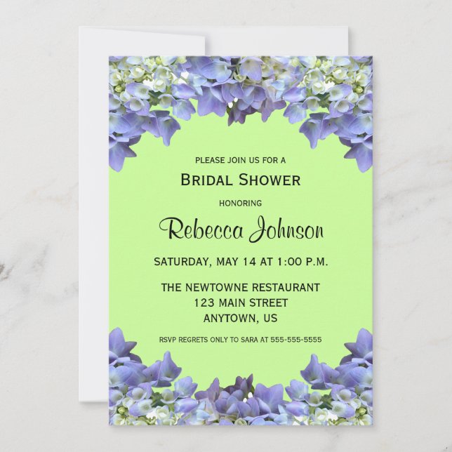 Purple Hydrangea on Green Background Bridal Shower Invitation (Front)