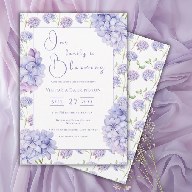 Purple Hydrangea Our Family is Blooming Baby Invitation (Creator Uploaded)