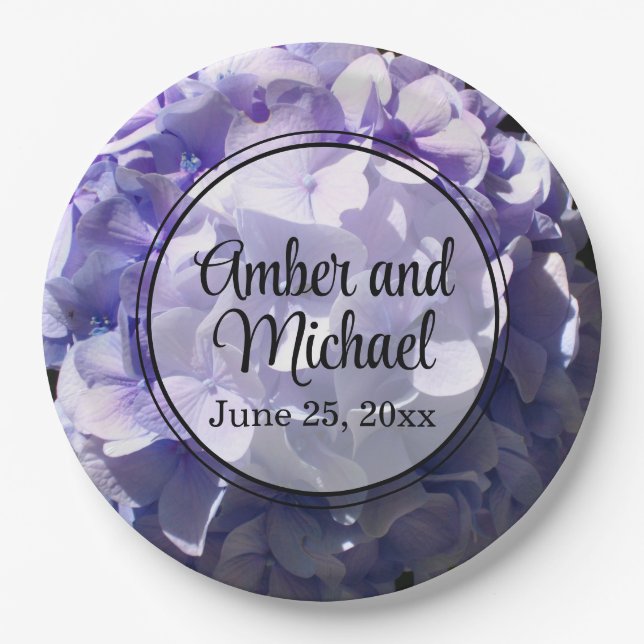 Purple hydrangea purple flower purple floral paper plate (Front)