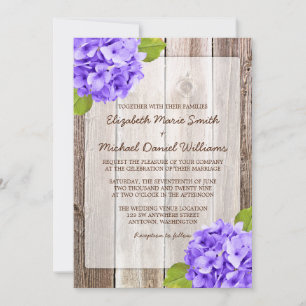 Purple Hydrangea Rustic Floral Barn Wood Wedding Invitation