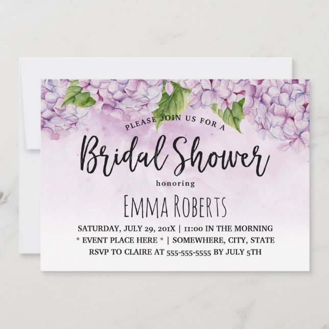 Purple Hydrangea Watercolor Floral Bridal Shower Invitation (Front)