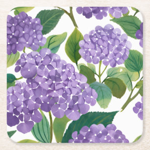 Purple Hydrangea Watercolor Floral Coastal Square Paper Coaster