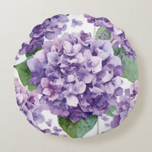 Purple Hydrangea Watercolor Floral Lavender Bloom  Round Cushion