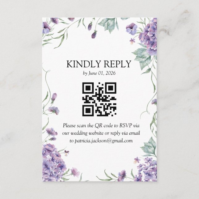 Purple Hydrangea Watercolor Floral RSVP Enclosure Card (Front)
