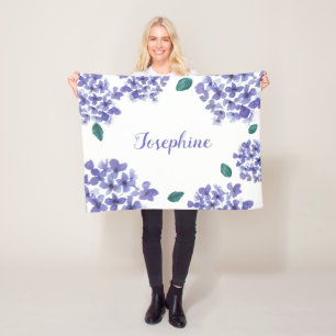Purple hydrangea watercolor flower baby name fleece blanket