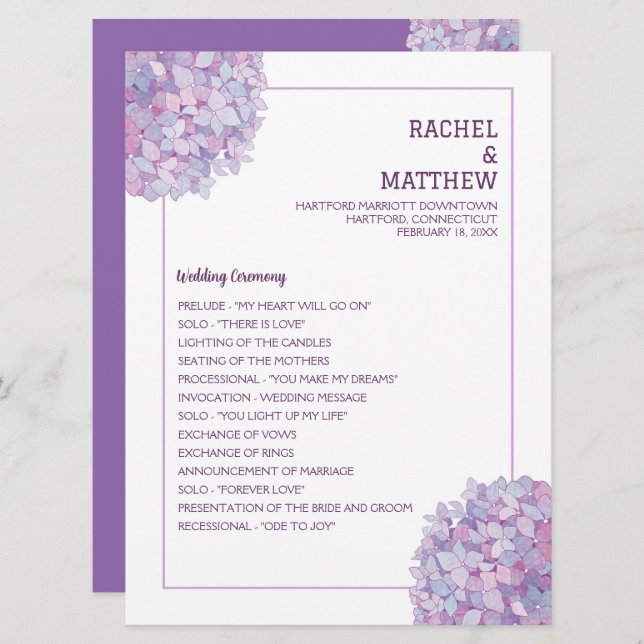 Purple Hydrangea Wedding Flat Program Programme (Front/Back)