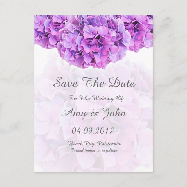 Purple hydrangea wedding save the date announcement postcard (Front)