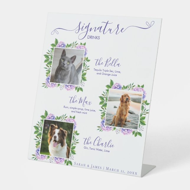 Purple Hydrangeas 3 Photo Pet Signature Drink Pedestal Sign (Front)