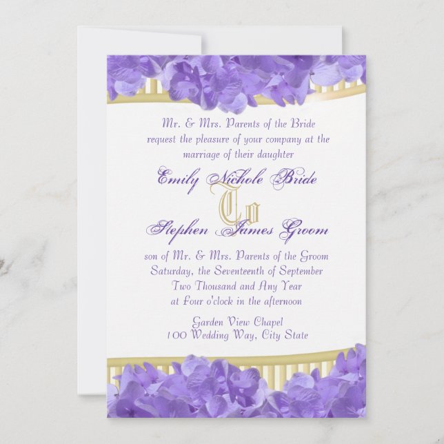 Purple Hydrangeas and Gold Stripes Invitation (Front)