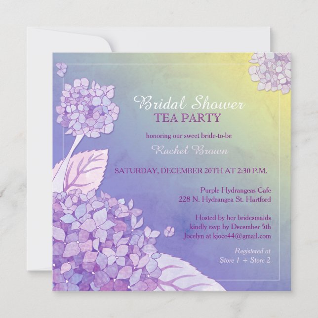 Purple Hydrangeas Bridal Shower Tea Party Invitation (Front)